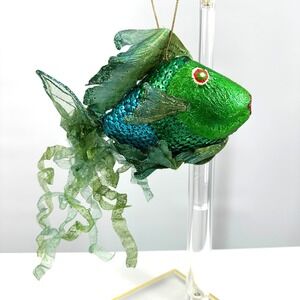 Fish Ornament Papermache/Pulp Sequins Flowing Fins Whimsical Artsy Nautical